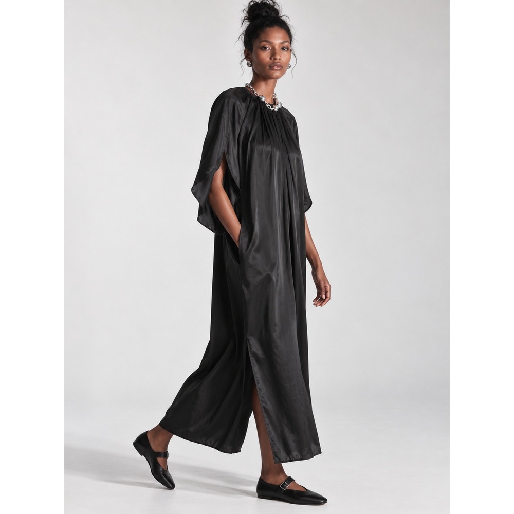 COS Black Floaty Gathered Midi Dress L Lagenlook Minimalist Quiet Luxury Chic